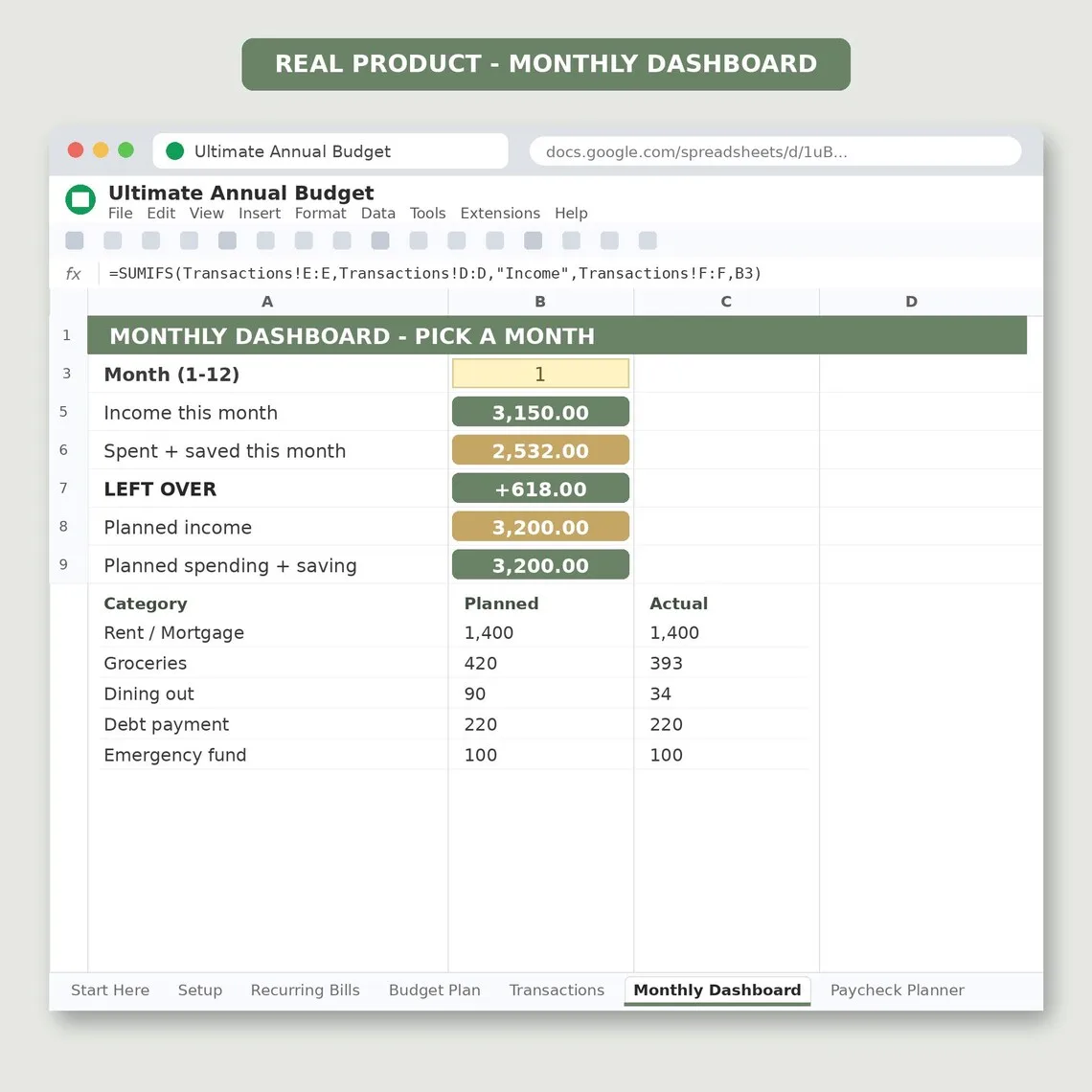 Google Sheets üzerinde aylık bütçe kontrol paneli: seçilen ayın geliri, harcaması, kalan tutarı ve kira, market, borç ödemesi gibi kategorilerde planlanan ile gerçekleşen karşılaştırması