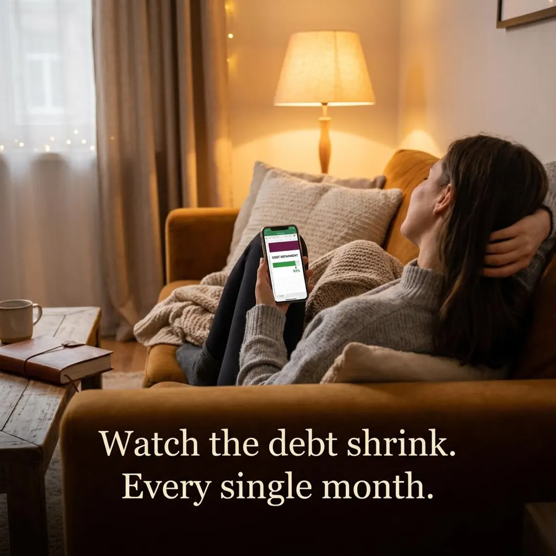 Woman on a sofa in the evening checking her debt payoff tracker on a phone, progress bar at 92 percent