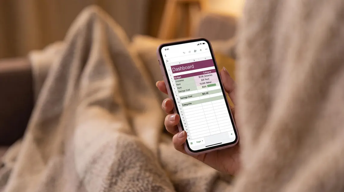 Fresh Start budget dashboard open in Google Sheets on a phone, showing groceries, rent and savings goal rows