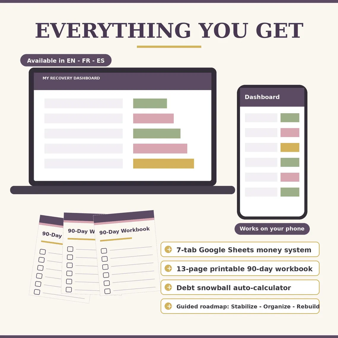 Everything included in the divorce financial planner: 7-tab Google Sheets money system, 13-page printable workbook, debt snowball calculator and guided roadmap