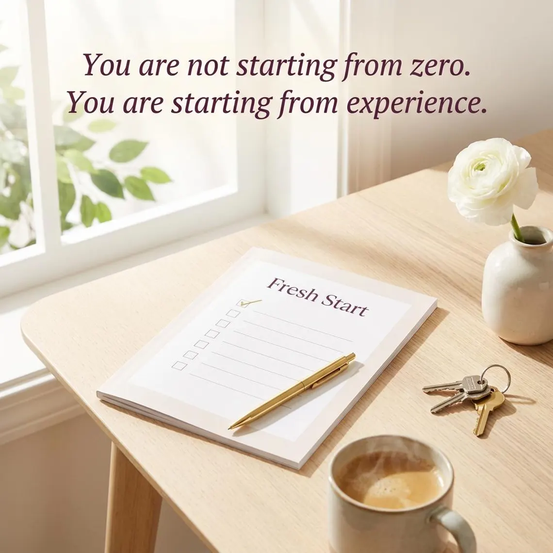Printed Fresh Start financial checklist on a desk with a gold pen, house keys and a mug, captioned you are not starting from zero