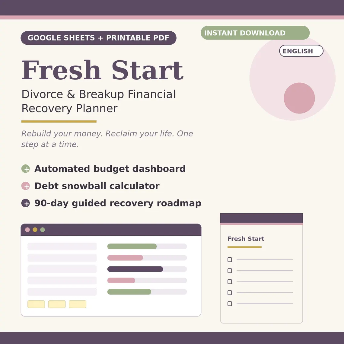 Fresh Start divorce and breakup financial recovery planner: Google Sheets plus printable PDF, automated budget dashboard, debt snowball calculator and 90-day roadmap
