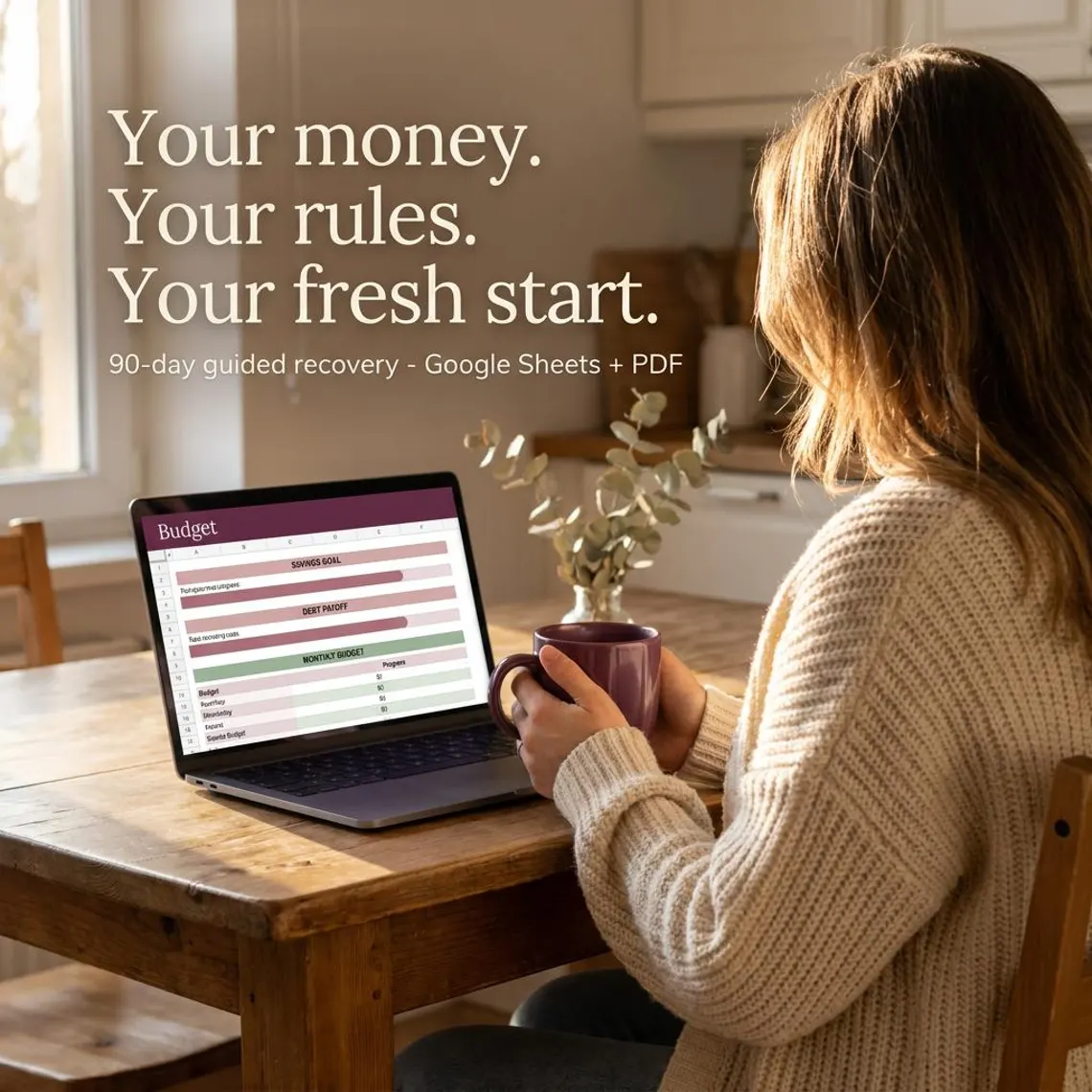 Woman at a kitchen table reviewing her post-divorce budget in Google Sheets on a laptop, holding a mug