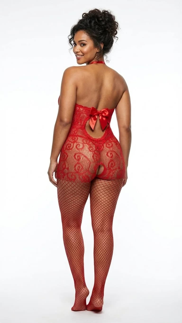 LunaIntim Ağı Açık Kırmızı Vücut Çorabı Fiyonk Detaylı ve Fileli Bodystocking - Vücut Çorabı Tasarım Detay
