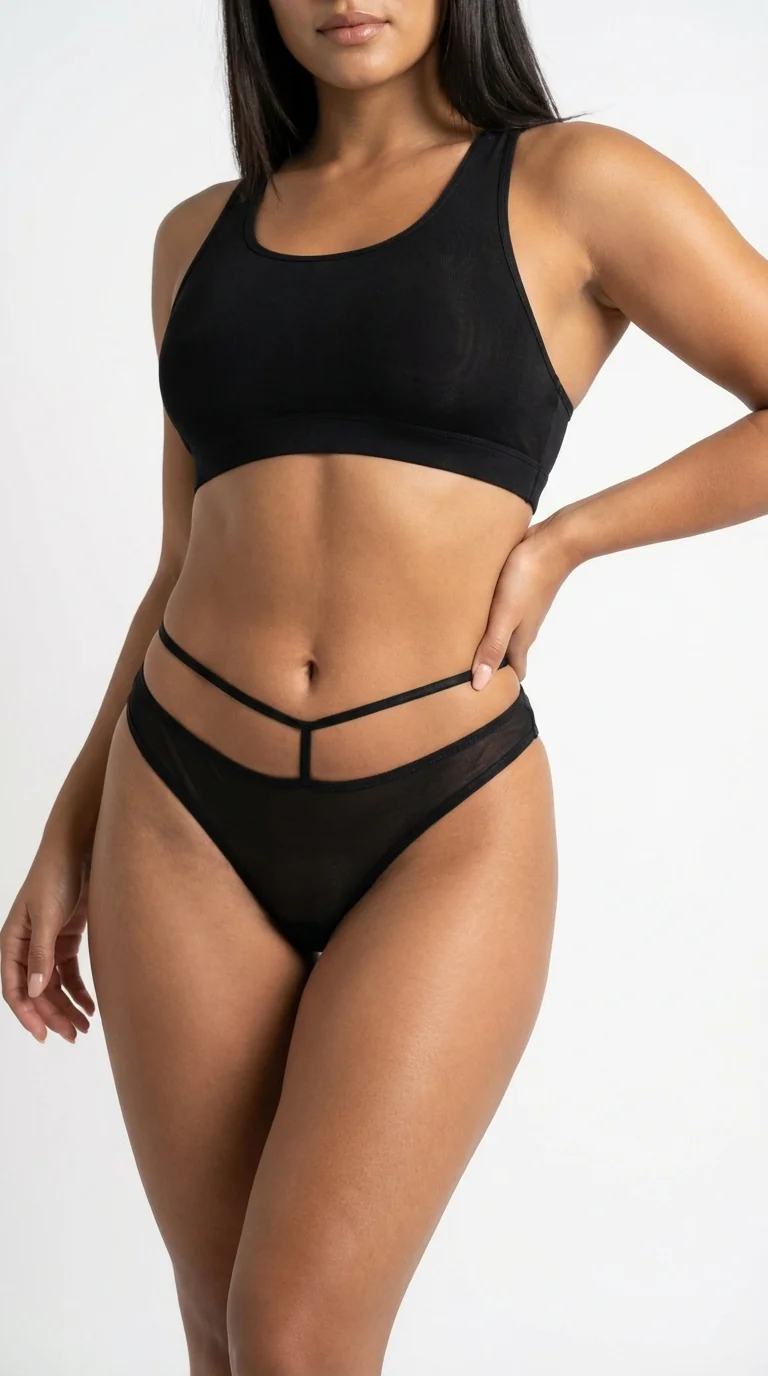 Arkası Çapraz Bantlı Tül Tanga Onyx Black - Önü Transparan ve Kafes Detaylı String - Yan Görünüm - LunaIntim