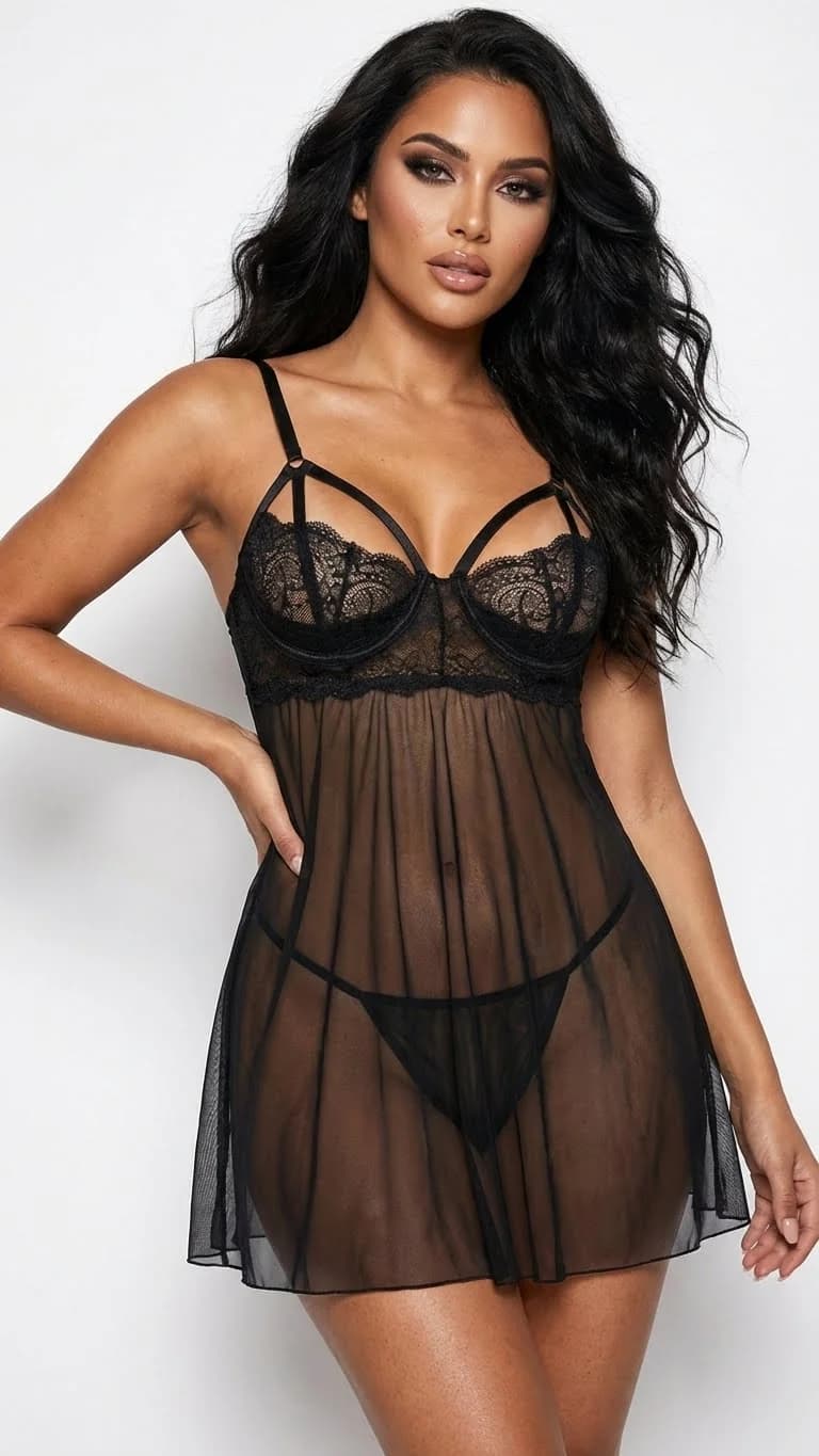 LunaIntim Balenli ve Destekli Dantel Babydoll Göğüs Dekolteli Siyah Tül Takım - Ön Görünüm
