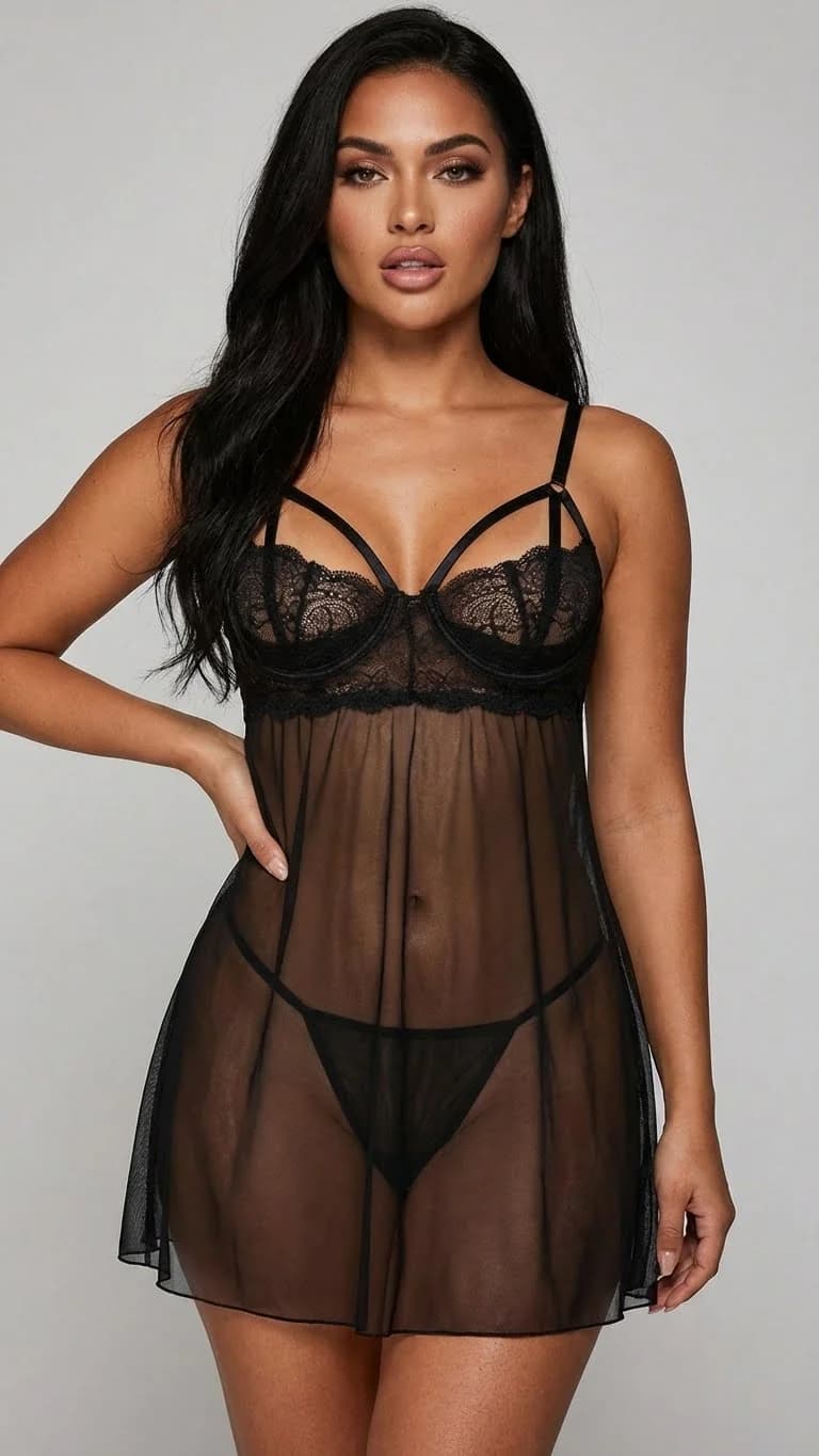 LunaIntim Balenli ve Destekli Dantel Babydoll Göğüs Dekolteli Siyah Tül Takım - Arka Görünüm
