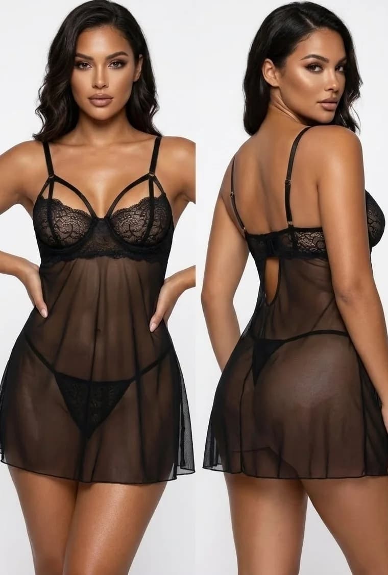 LunaIntim Balenli ve Destekli Dantel Babydoll Göğüs Dekolteli Siyah Tül Takım - Model Üzerinde