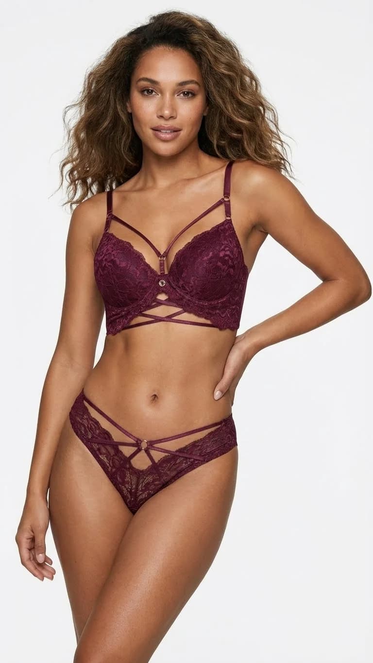 LunaIntim Bordo Kafesli Strappy Sütyen Takım Çapraz Şeritli Destekli Bralet Set - Yan Görünüm