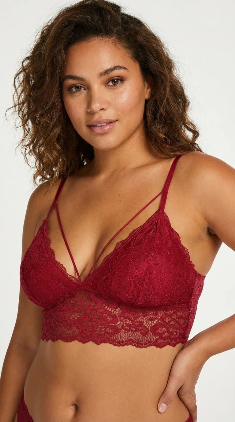 LunaIntim Bordo Strappy Dantel Bralet Göğüs Dekolteli Şeritli Büstiyer - Son Görünüm