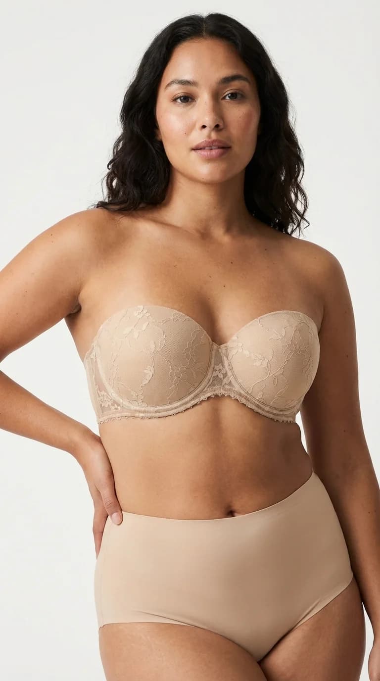 LunaIntim Cappuccino Rengi Dantel Kaplı Straplez Tenle Bütünleşen Nude Sütyen - Nude Model Detay
