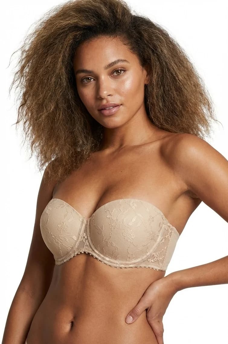 LunaIntim Cappucino Dantel Kaplı Straplez Sütyen Push-Up Destekli Kaymaz Model - Ön Görünüm