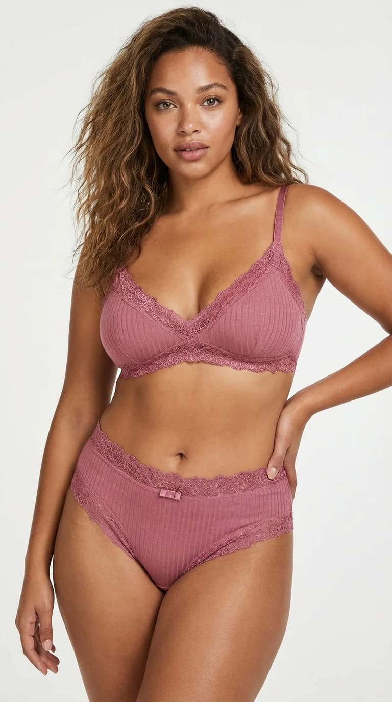 Dusty Rose Fitilli (Ribbed) Bikini Külot - Dantel Detayları