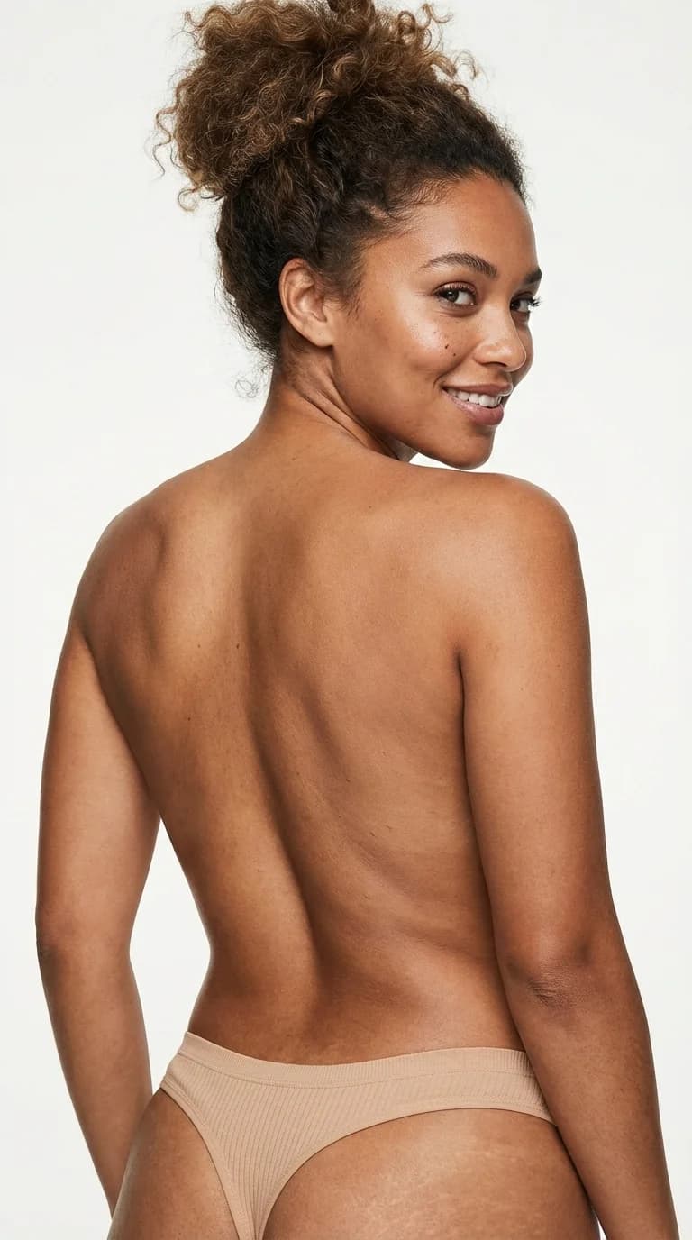 Fitilli (Ribbed) Ribana Tanga Nude Lace - Geniş Bantlı, Esnek ve Sporcu Kesim Model - Fitilli Ribana Kumaş Detayı - LunaIntim