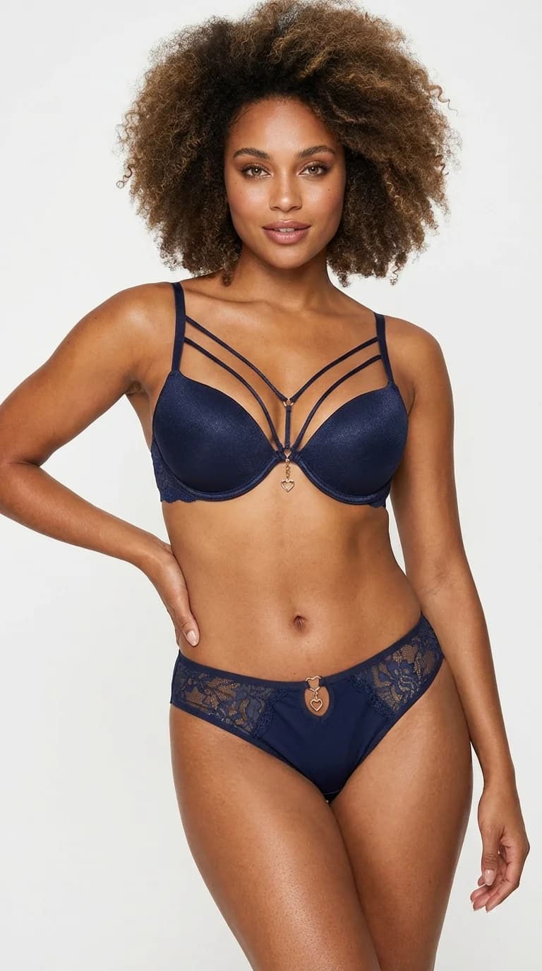 LunaIntim Gece Mavisi Strappy İpli Sütyen Takım Simli ve Taş Detaylı Push-Up Set - Ön Görünüm