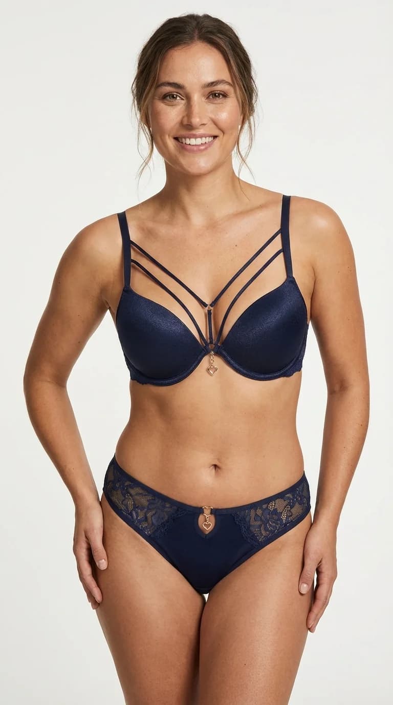 LunaIntim Gece Mavisi Strappy İpli Sütyen Takım Simli ve Taş Detaylı Push-Up Set - Yan Görünüm