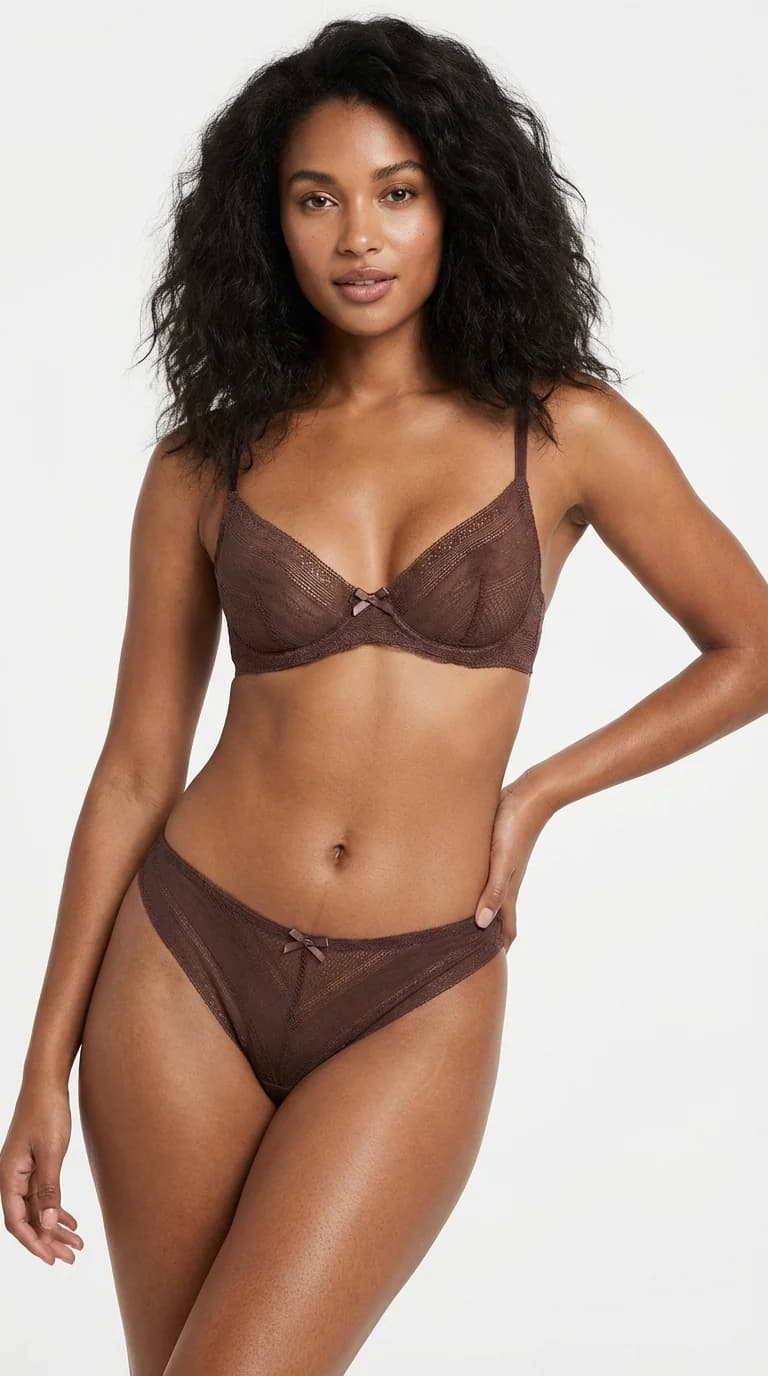 Kadın Sexy Tanga Komple Tül Şeffaf Külot Fiyonklu Detay Mocha - Ön Görünüm - LunaIntim
