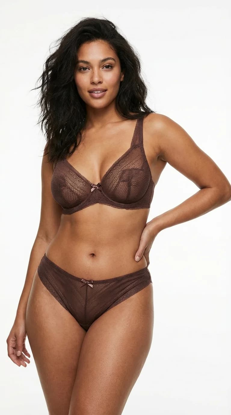 Kadın Sexy Tanga Komple Tül Şeffaf Külot Fiyonklu Detay Mocha - Yan Görünüm - LunaIntim