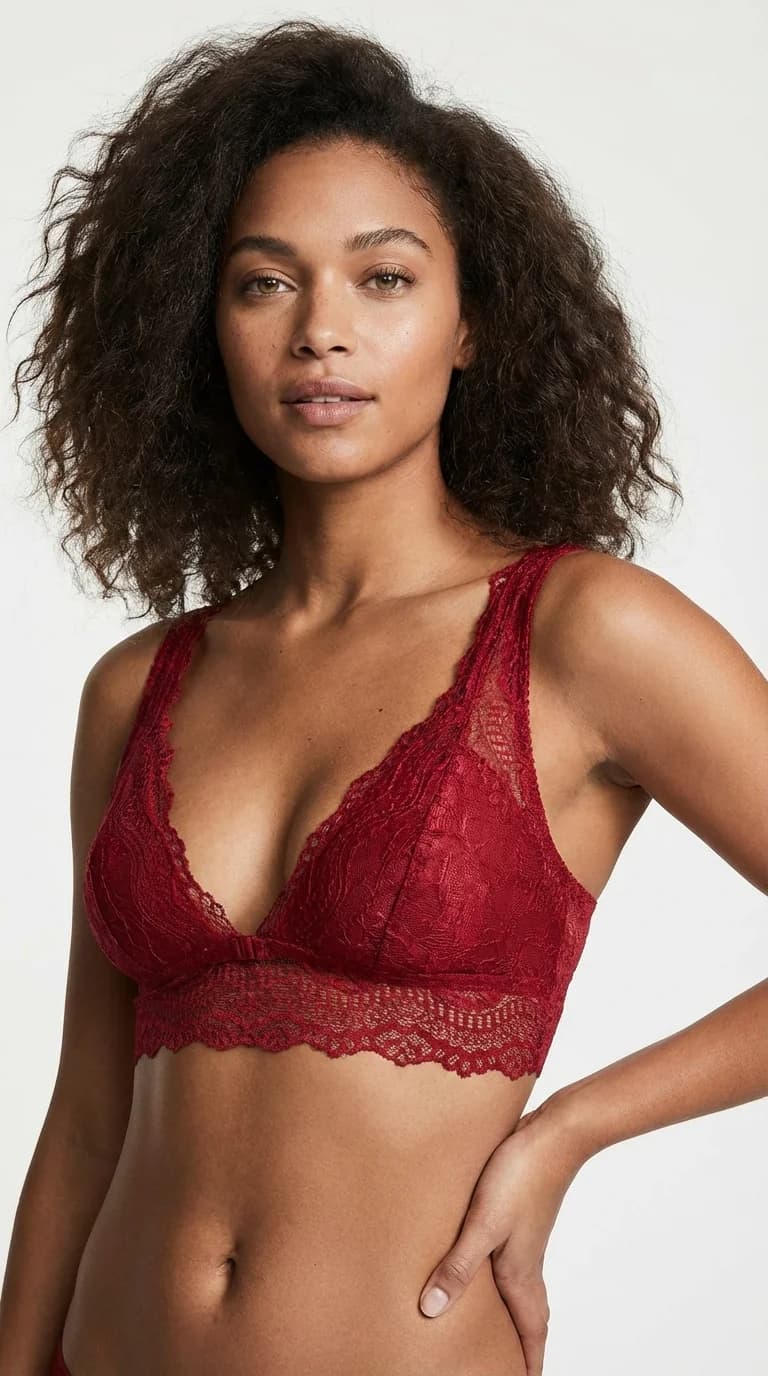 LunaIntim Kırmızı Dantelli Bralet Sütyen Balensiz ve Desteksiz (Boş Kap) V Yaka Model - Yan Görünüm
