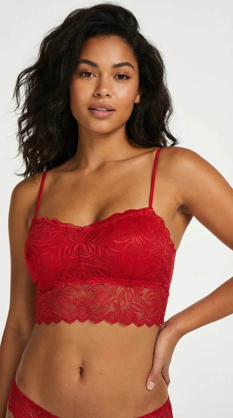 LunaIntim Kırmızı Dantelli Longline Bralet Ceket İçi Crop Büstiyer ve Boş Kap Sütyen - Longline Dantelli Detay