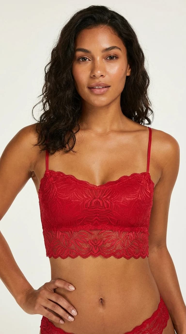 LunaIntim Kırmızı Dantelli Longline Bralet Ceket İçi Crop Büstiyer ve Boş Kap Sütyen - Dantelli Ön Detay Yakın Plan
