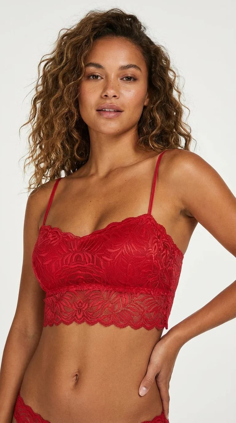 LunaIntim Kırmızı Dantelli Longline Bralet Ceket İçi Crop Büstiyer ve Boş Kap Sütyen - Arkadan Görünüm Detay