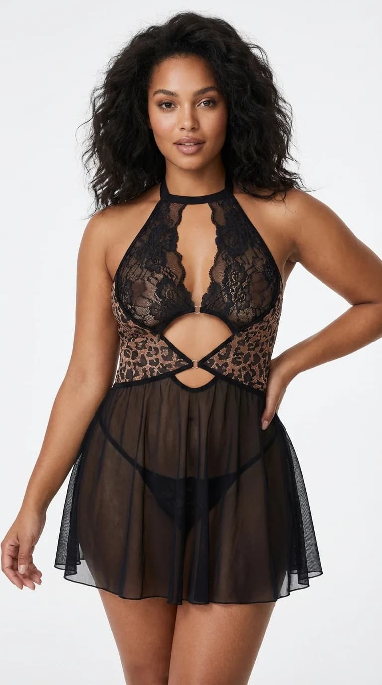 LunaIntim Leopar Detaylı Dantel Babydoll Transparan Tül Etekli Mini Gecelik - Ön Görünüm