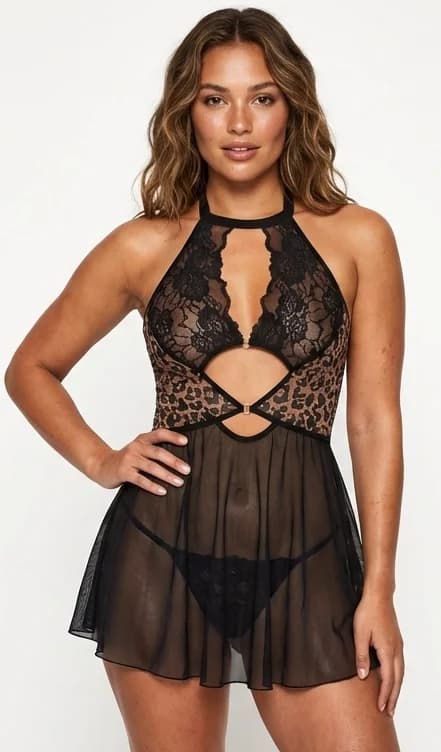 LunaIntim Leopar Detaylı Dantel Babydoll Transparan Tül Etekli Mini Gecelik - Yan Görünüm