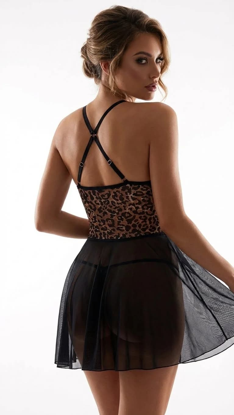 LunaIntim Leopar Detaylı Dantel Babydoll Transparan Tül Etekli Mini Gecelik - Model Üzerinde