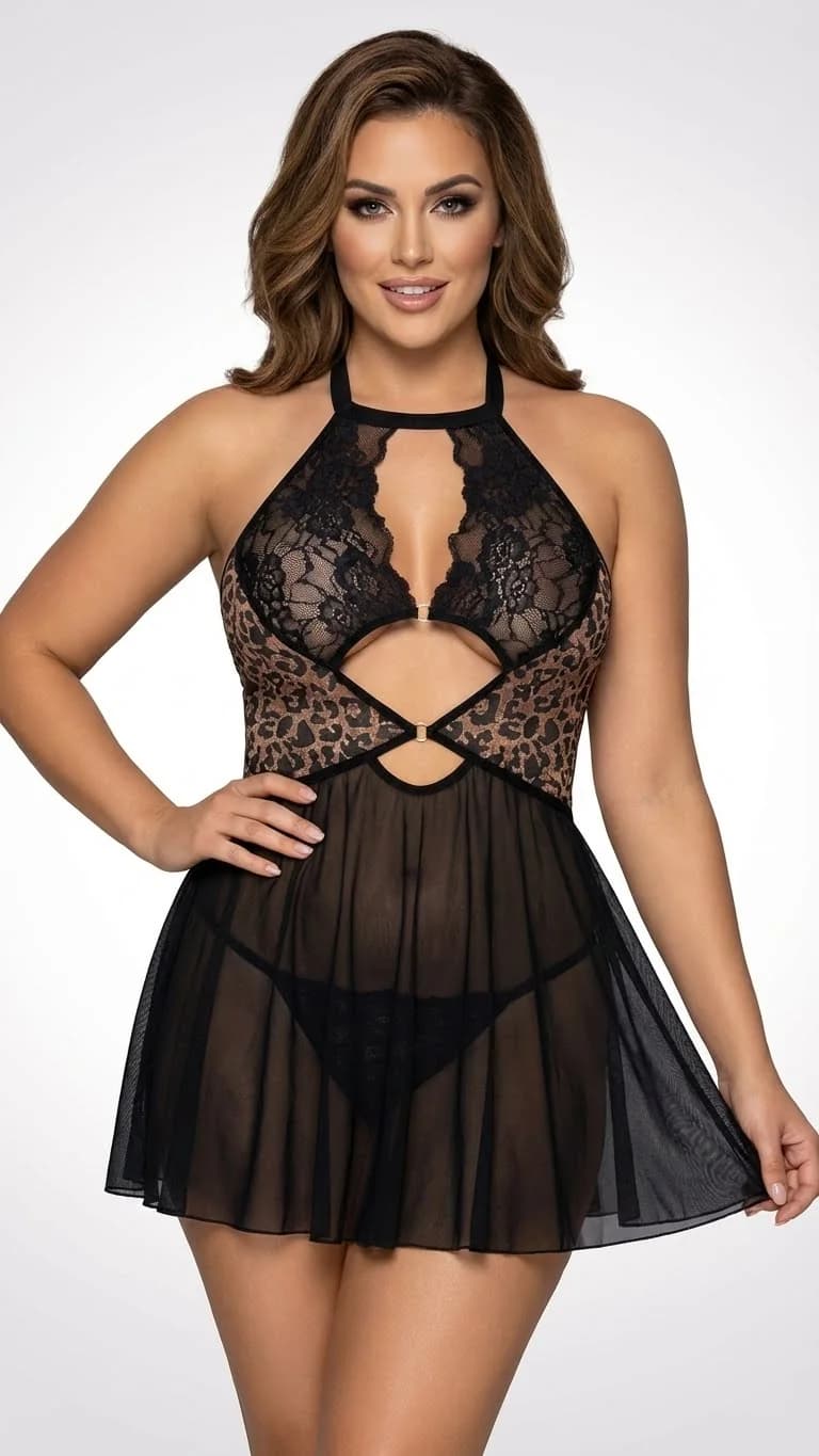 LunaIntim Leopar Detaylı Dantel Babydoll Transparan Tül Etekli Mini Gecelik - Model Detay
