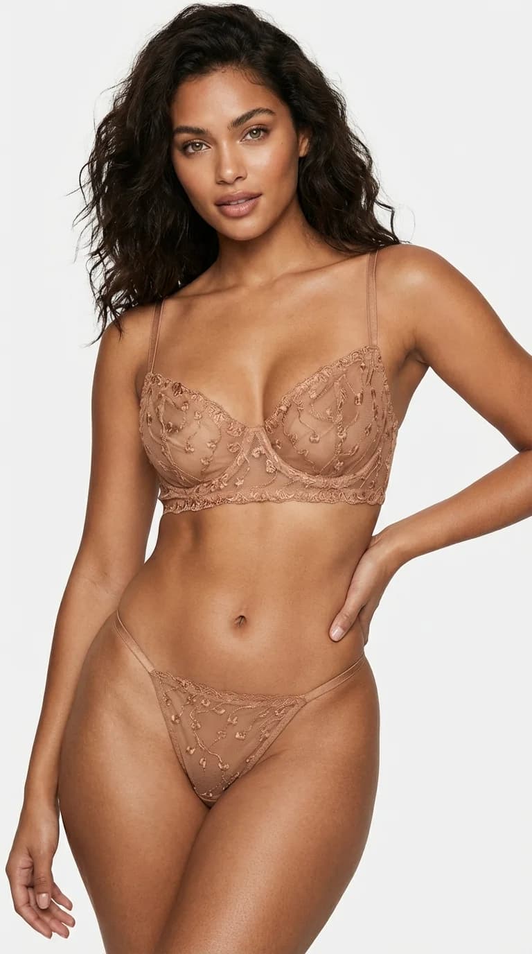 LunaIntim Nude Transparan Tül Sütyen Takımı Çiçek İşlemeli ve Balenli Modern Set - Genel Takım Görünümü