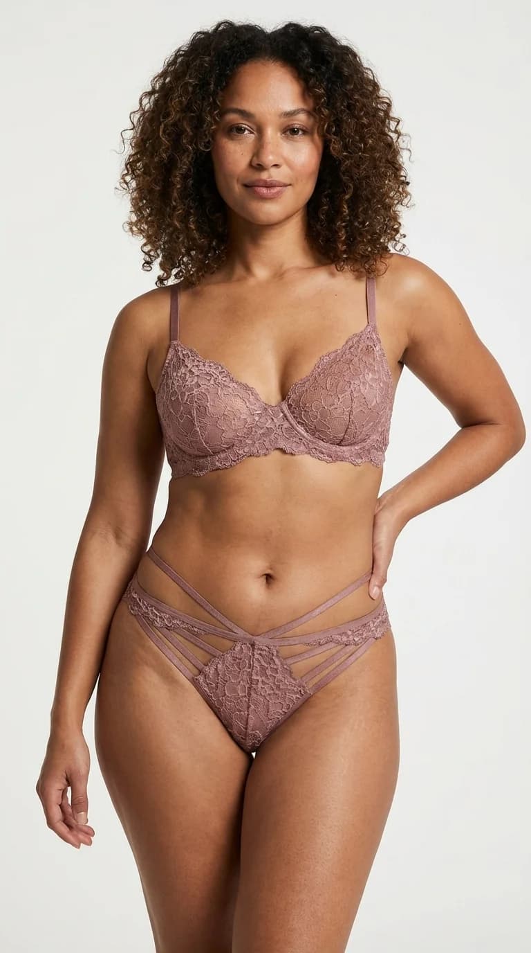 Önü Çoklu Bantlı (Strappy) Dantel Tanga Dusty Rose - Kafes Görünümlü ve İpli Model - Ön Görünüm - LunaIntim