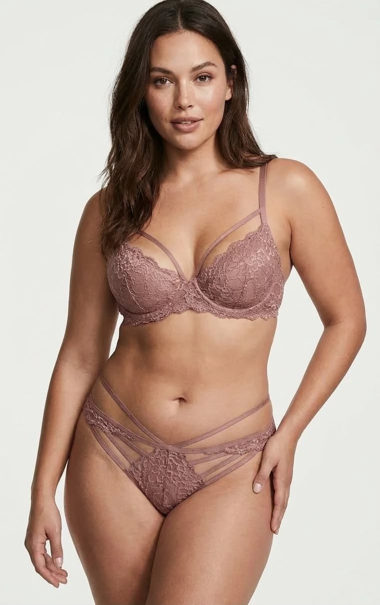 Önü Çoklu Bantlı (Strappy) Dantel Tanga Dusty Rose - Kafes Görünümlü ve İpli Model - İpli Model Tasarım Detayı - LunaIntim