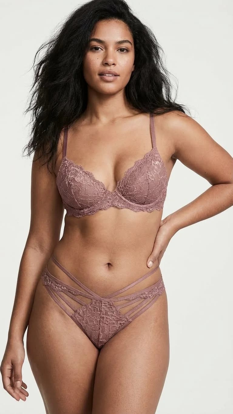 Önü Çoklu Bantlı (Strappy) Dantel Tanga Dusty Rose - Kafes Görünümlü ve İpli Model - Dantel Kumaş Detayı - LunaIntim
