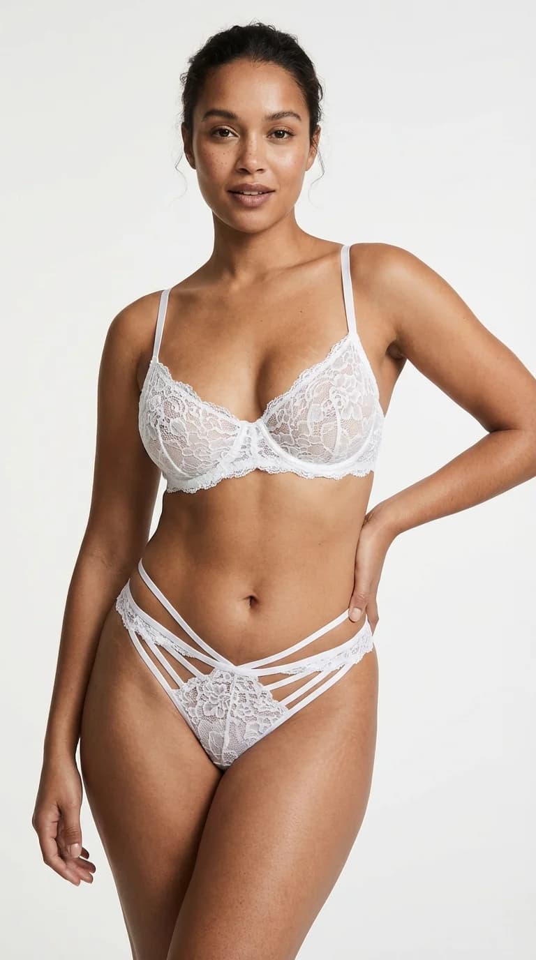 Önü Çoklu Bantlı (Strappy) Dantel Tanga Ecru - Kafes Görünümlü ve İpli Model - Yan Görünüm - LunaIntim