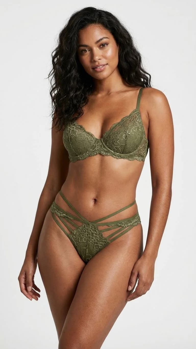 Önü Çoklu Bantlı (Strappy) Dantel Tanga Olive Green - Kafes Görünümlü ve İpli Model - Kafes Görünümlü Tasarım Detayı - LunaIntim