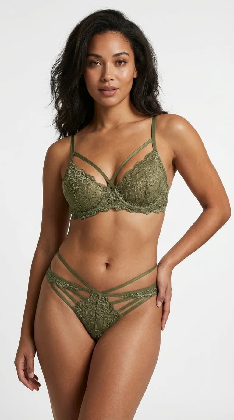 Önü Çoklu Bantlı (Strappy) Dantel Tanga Olive Green - Kafes Görünümlü ve İpli Model - İpli Model Tasarım Detayı - LunaIntim