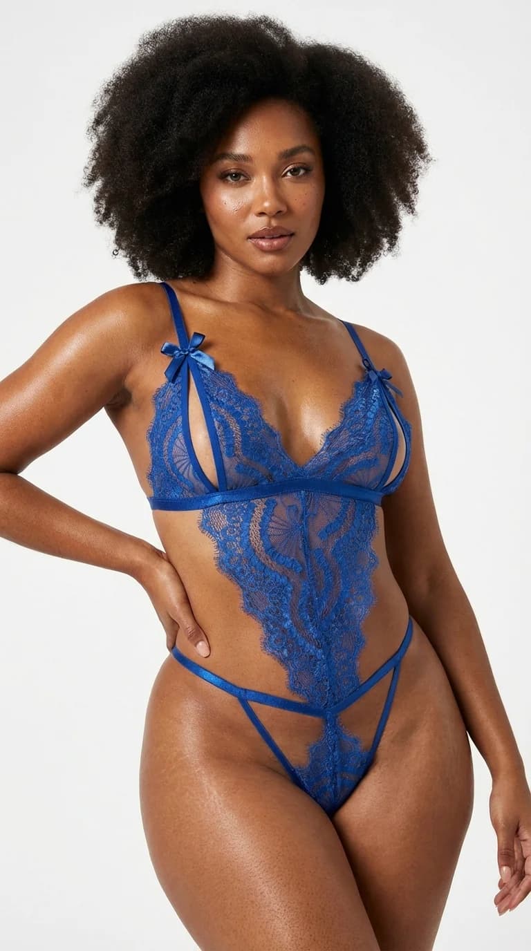 LunaIntim Open Cup Dantelli Babydoll Saten Fiyonk Detaylı Kışkırtıcı Model Saks Mavisi - Ön Görünüm