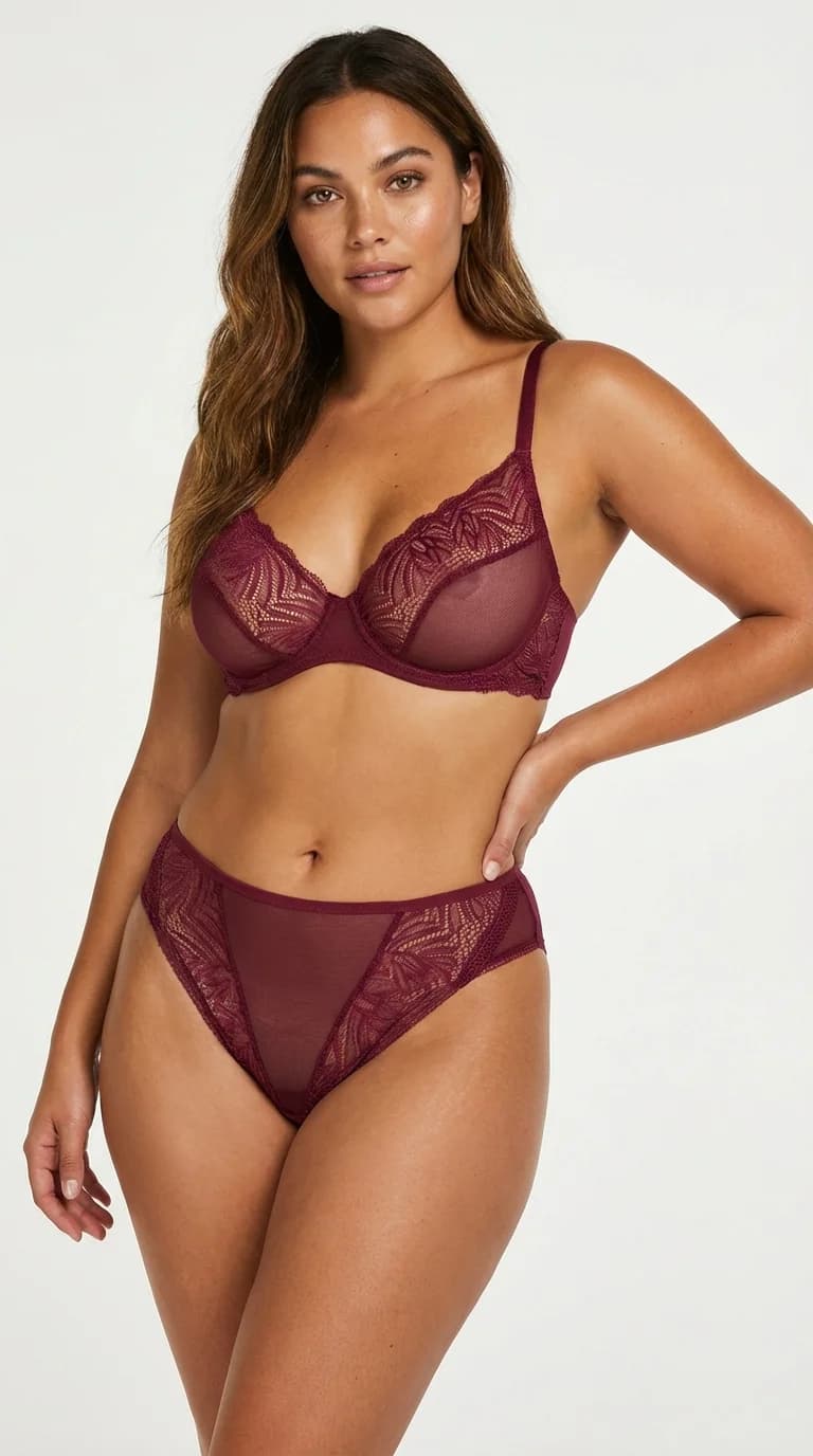 Orta Bikini Külot Tül Yan Bant Şeffaf İç Çamaşırı Model Bordo - Arka Görünüm - LunaIntim