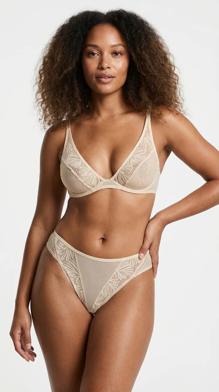 Orta Bikini Külot Tül Yan Bant Şeffaf İç Çamaşırı Model Ecru - Yan Görünüm - LunaIntim