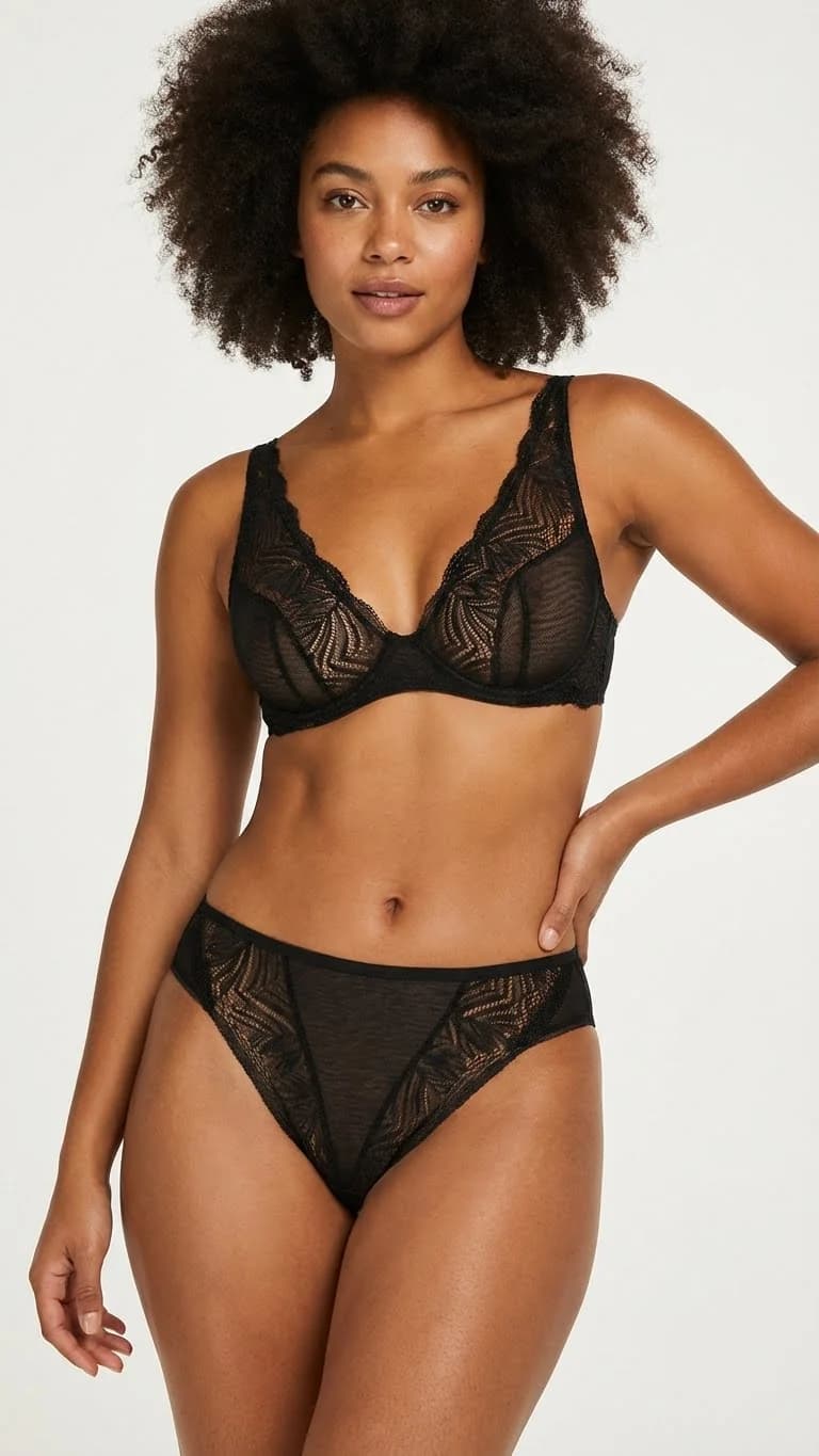 Orta Bikini Külot Tül Yan Bant Şeffaf İç Çamaşırı Model Siyah - Ön Görünüm - LunaIntim