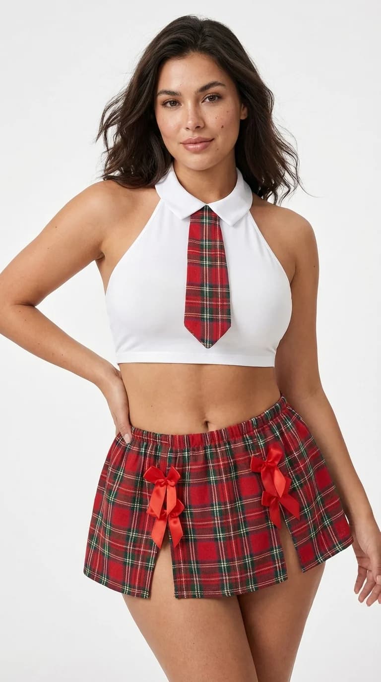 LunaIntim Plus Size Kırmızı Kareli Kostüm Set Boyundan Bağlamalı Büstiyer Takım - Yan Görünüm
