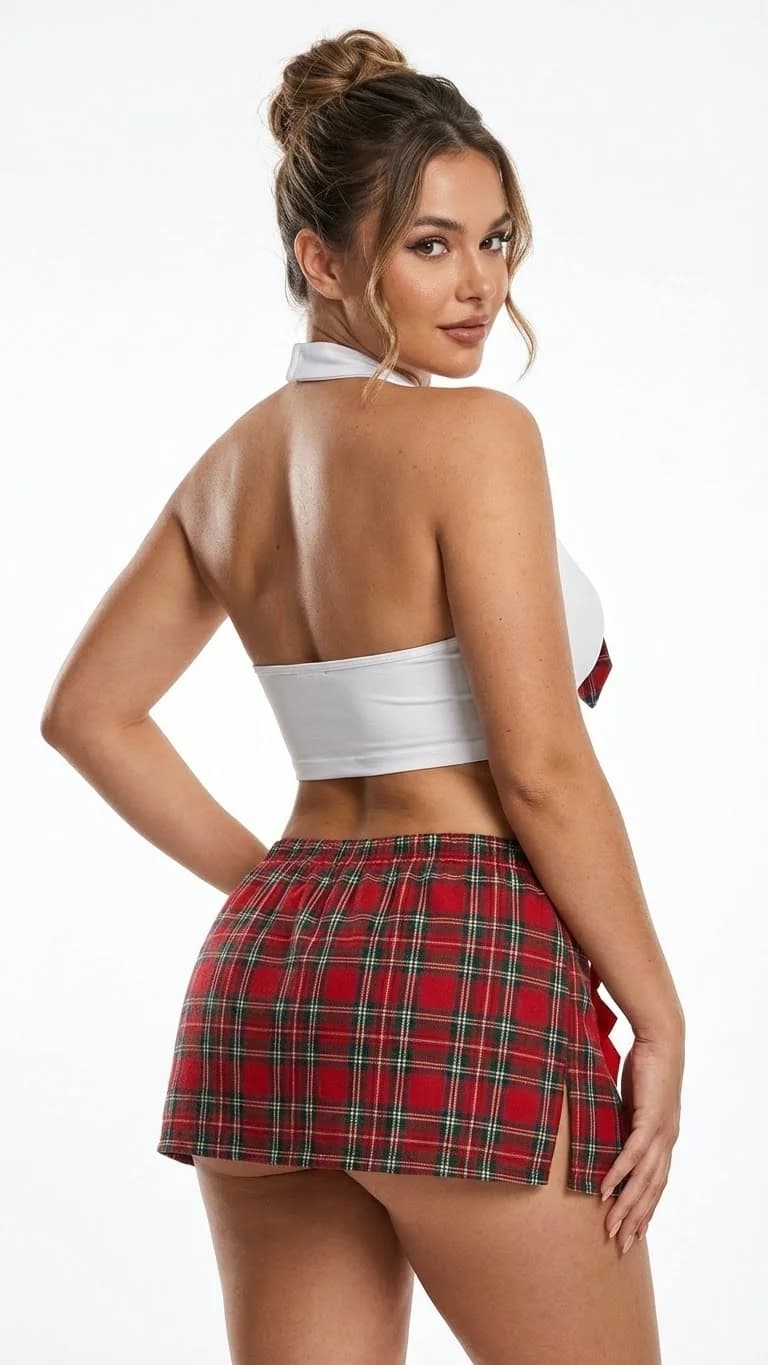 LunaIntim Plus Size Kırmızı Kareli Kostüm Set Boyundan Bağlamalı Büstiyer Takım - Arka Görünüm
