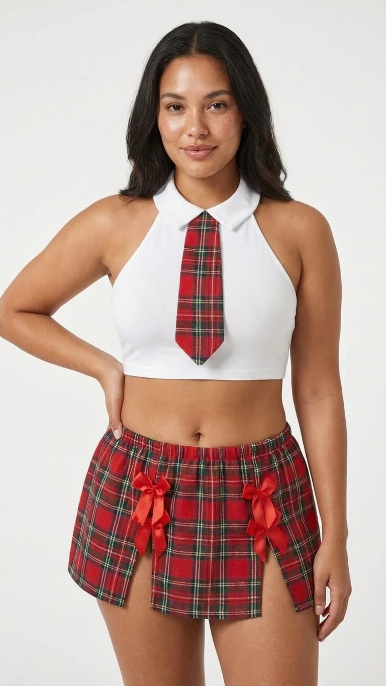 LunaIntim Plus Size Kırmızı Kareli Kostüm Set Boyundan Bağlamalı Büstiyer Takım - Model Üzerinde