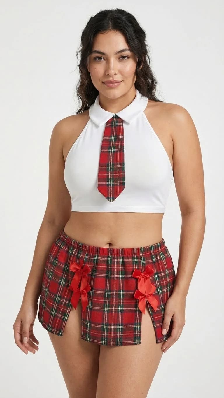 LunaIntim Plus Size Kırmızı Kareli Kostüm Set Boyundan Bağlamalı Büstiyer Takım - Kırmızı Kareli Desen Detay