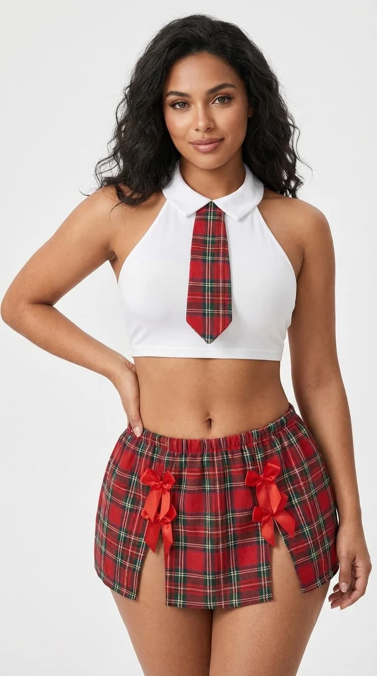 LunaIntim Plus Size Kırmızı Kareli Kostüm Set Boyundan Bağlamalı Büstiyer Takım - Model Detay