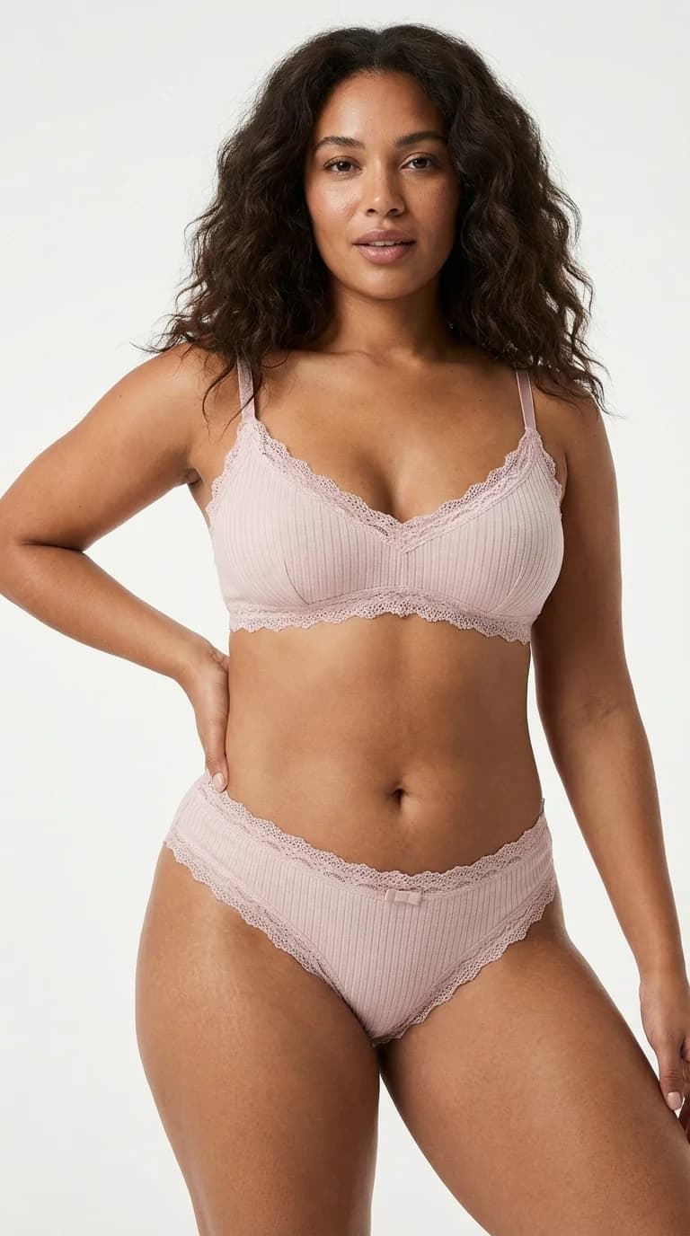 Pudra Pembesi Fitilli (Ribbed) Bikini Külot - Ön Görünüm