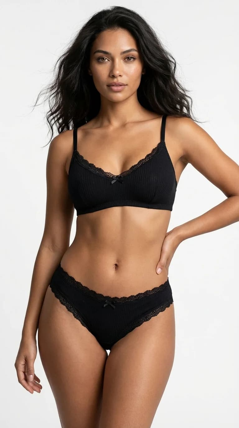 Siyah Fitilli (Ribbed) Bikini Külot - Ön Görünüm