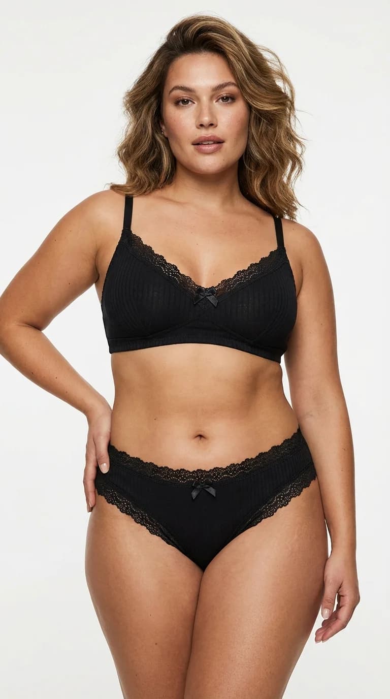 Siyah Fitilli (Ribbed) Bikini Külot - Arka Görünüm
