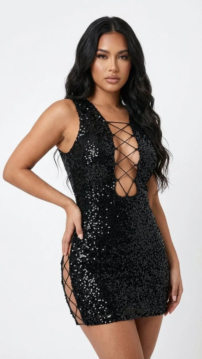 LunaIntim Siyah Payetli Mini Clubwear Elbise Çapraz Bağcıklı Parti Kostümü - Çapraz Bağcıklı Detay